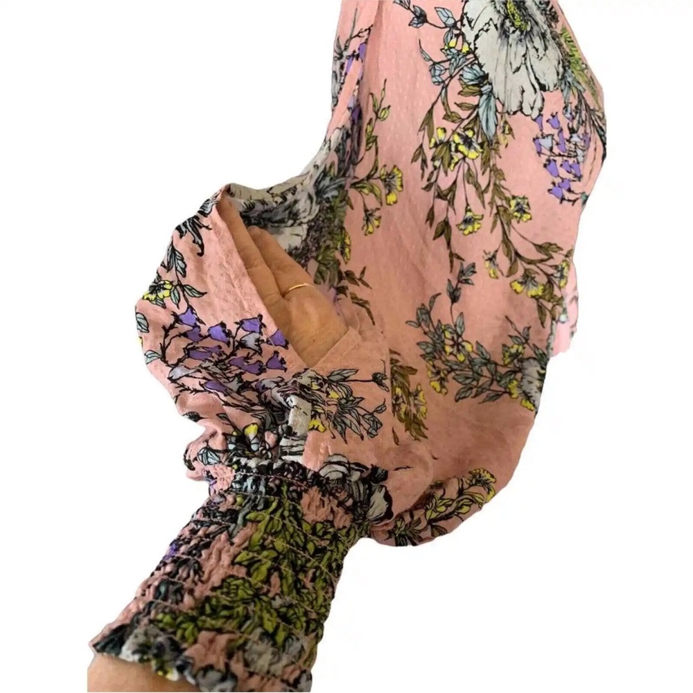 LOVE STITCH WOMENS DRESS TOP PINK FLORAL MEDIUM RUFFLE HEM LONG SLIT SLEEVE - Picture 6 of 8